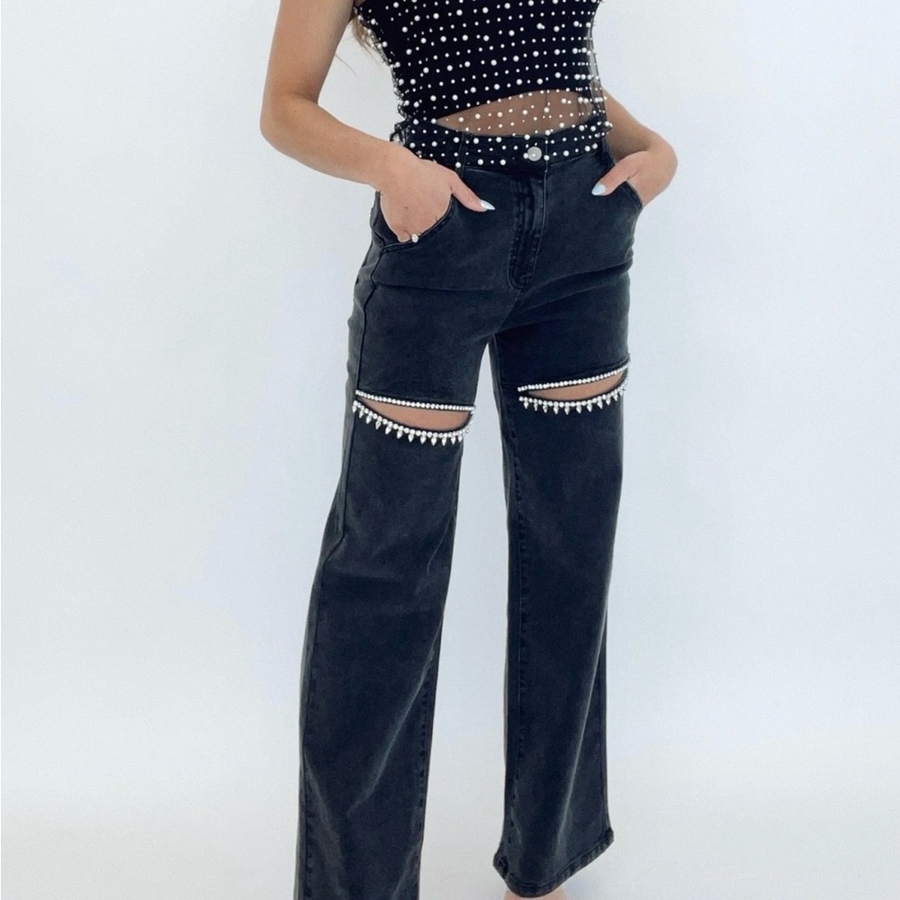 Black Flare Wide Leg Jeans with High Waist and Cut-Out Details